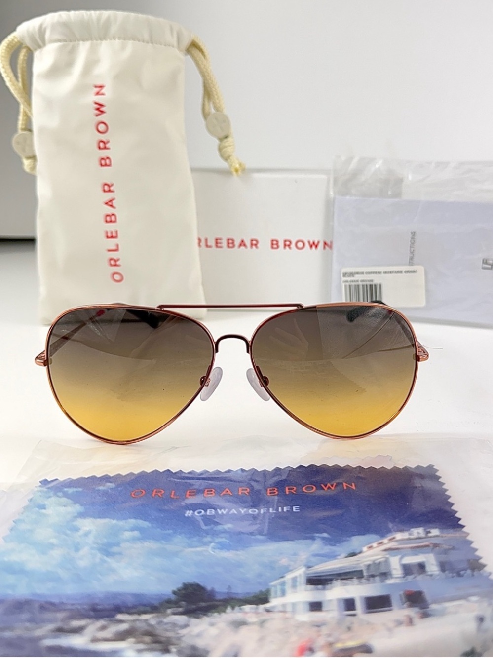 NWT Orlebar Brown x Linda Farrow Aviator Sunglasses OB10 C8 Rose Gold Full Set